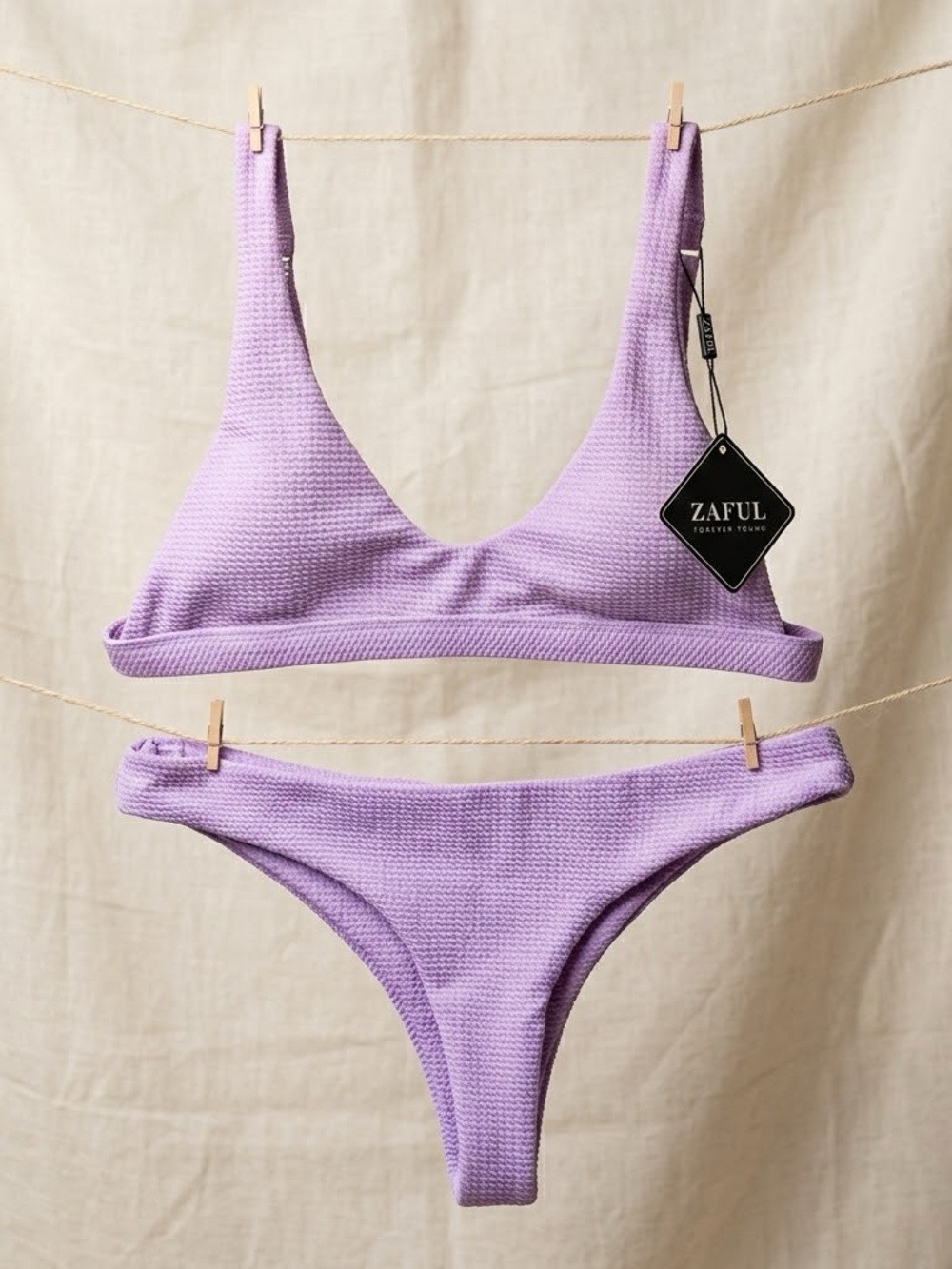 Zaful Lavender Textured Scoop Bikini Set